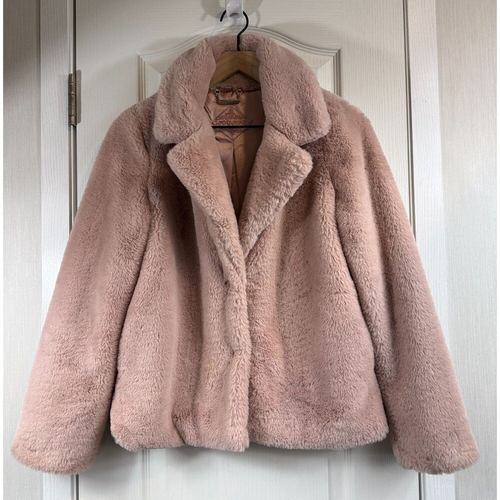 Jou Jou Womens Small Pink Faux Fur Jacket Plush Cropped Coat Snap Front